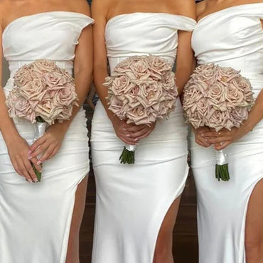 Elegant Off Shoulder Mermaid Side Slit Ivory Satin Long Bridesmaid Dresses Online, BG557