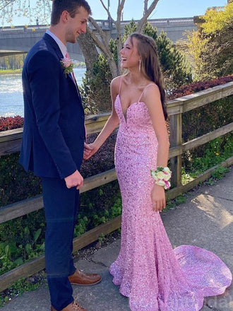 Sexy Spaghetti Straps V-neck Mermaid Pink Sequins Long Evening Prom Dress Online, OL138