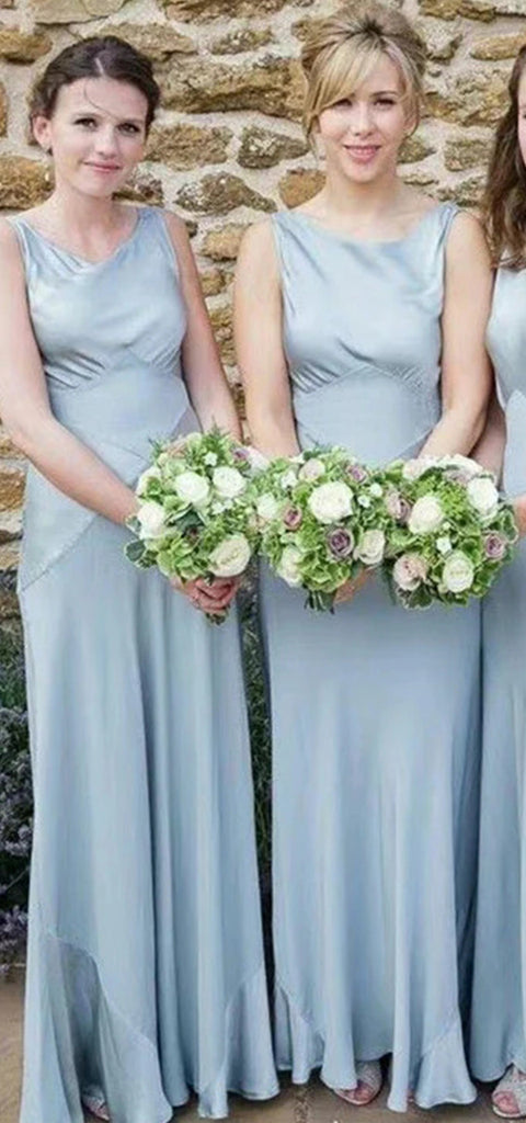 Modest Bateau Mermaid Sleeveless Satin Long Bridesmaid Dresses Online, BG559