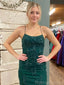 Simple Spaghetti Straps Straight Neck Mermaid Dark Green Long Evening Prom Dress Online, OL140