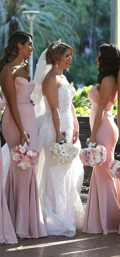 Simple Sweetheart Mermaid Sleeveless Long Pink Satin Bridesmaid Dresses Online, BG560