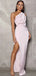 Simple One Shoulder Mermaid Side Slit Long Pink Satin Bridesmaid Dresses Online, BG561