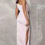 Simple One Shoulder Mermaid Side Slit Long Pink Satin Bridesmaid Dresses Online, BG561