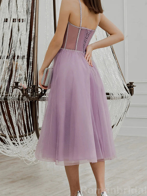 Elegant Spaghetti Straps A-line Tulle Tea Length Short Homecoming Dresses Online, HD0652