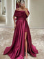 Elegant Spaghetti Straps Off the Shoulder A-line Side Slit Long Evening Burgundy Sage Prom Dress with Belt, OL209