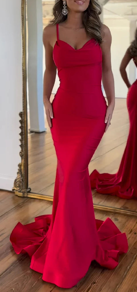 Elegant Mermaid Spaghetti Straps Red Long Jersey Bridesmaid Dresses Online, BG585