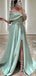 Elegant Spaghetti Straps Off the Shoulder A-line Side Slit Long Evening Burgundy Sage Prom Dress with Belt, OL209