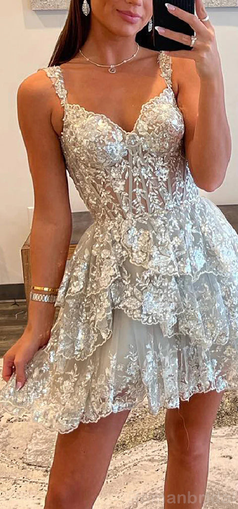 Elegant Straps A-line V-neck Applique Short Homecoming Dresses Online, HD0693