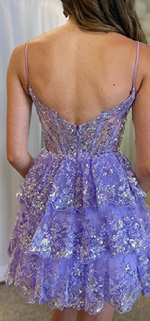 Sparky Spaghetti Straps V-neck A-line Tulle Lilac Short Homecoming Dresses Online, HD0666