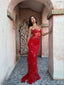 Sexy Spaghetti Straps Mermaid V-neck Illusion Red Long Evening Prom Dress Online, OL149