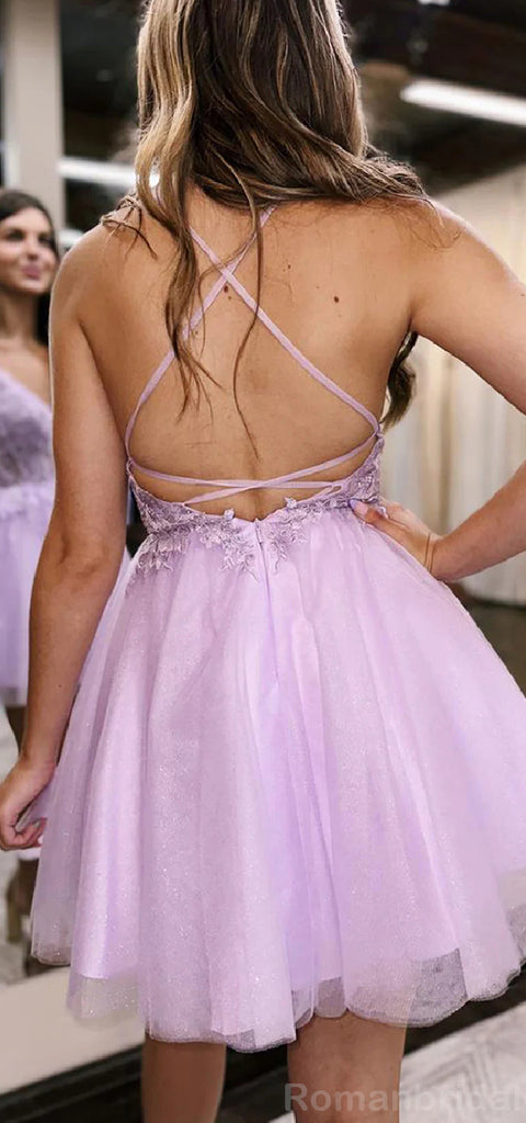 Elegant Spaghetti Straps A-line V-neck Short Homecoming Dresses Online, HD0692