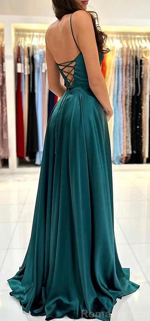 Elegant Spaghetti Straps Side Slit A-line Evening Emerald Long Prom Dress Online, OL210