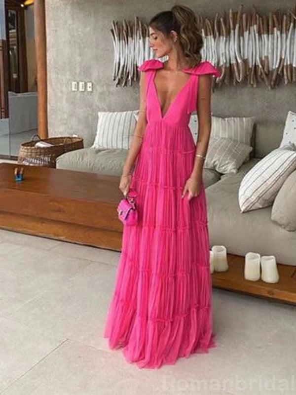 Elegant Straps A-line V-neck Tulle Fuchsia Long Evening Prom Dress Online, OL150