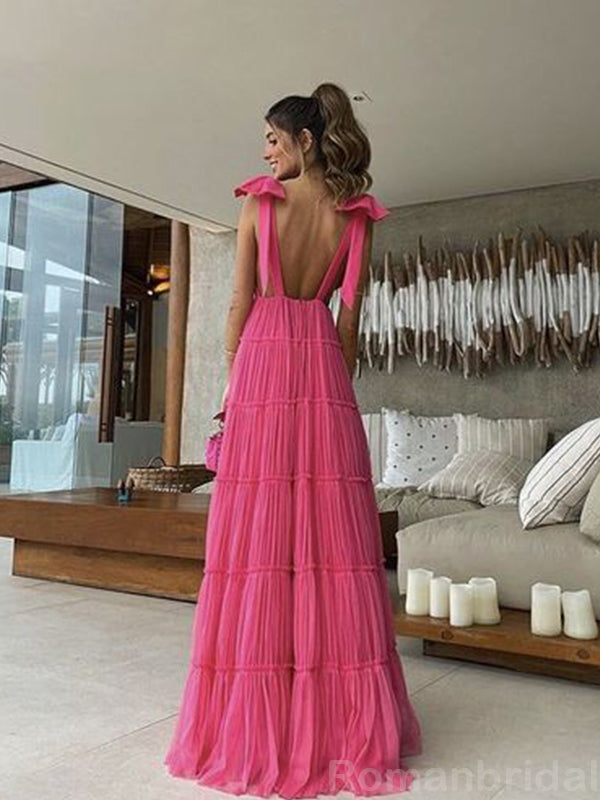 Elegant Straps A-line V-neck Tulle Fuchsia Long Evening Prom Dress Online, OL150