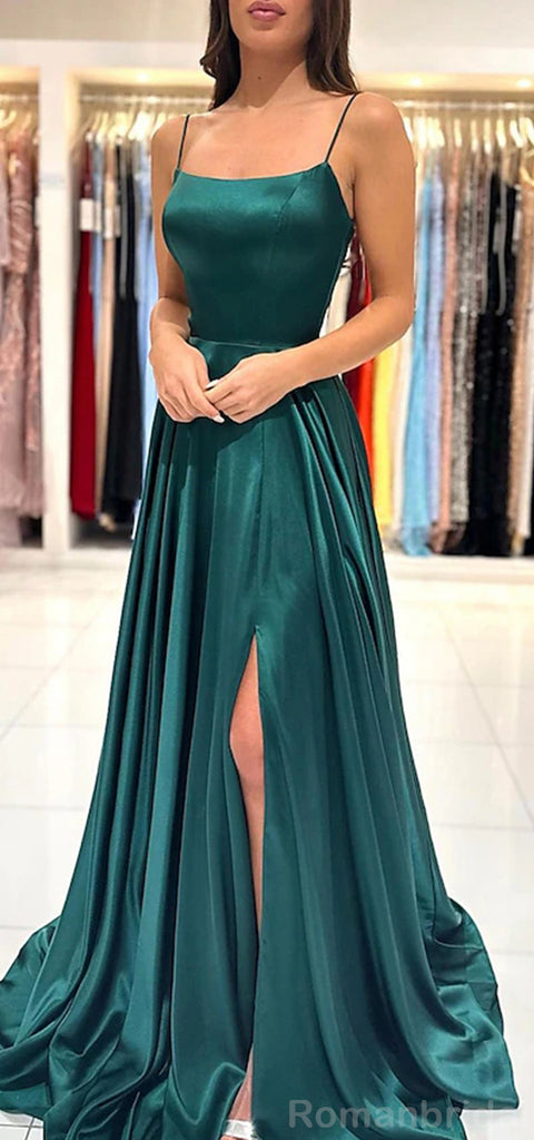 Elegant Spaghetti Straps Side Slit A-line Evening Emerald Long Prom Dress Online, OL210