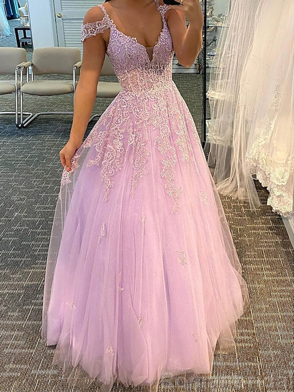 Elegant Spaghetti Straps Off the Shoulder A-line Tulle Long Prom Dress Online, OL211