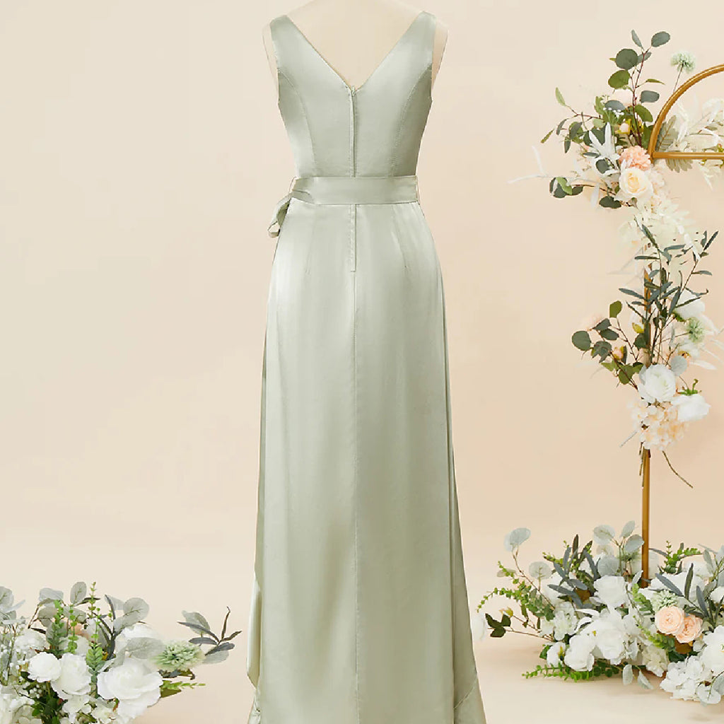 Elegant V-neck Sleeveless A-line Asymmetric Sage Satin Bridesmaid Dresses Online, BG588