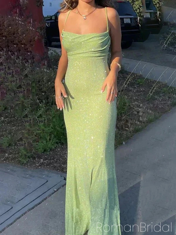 Simple Sparkly Spaghetti Straps Mermaid Lime Green Long Evening Prom Dress Online, OL153