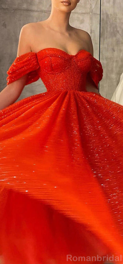 Elegant Off the Shoulder A-line Tulle Long Orange Evening Prom Dress Online, OL213