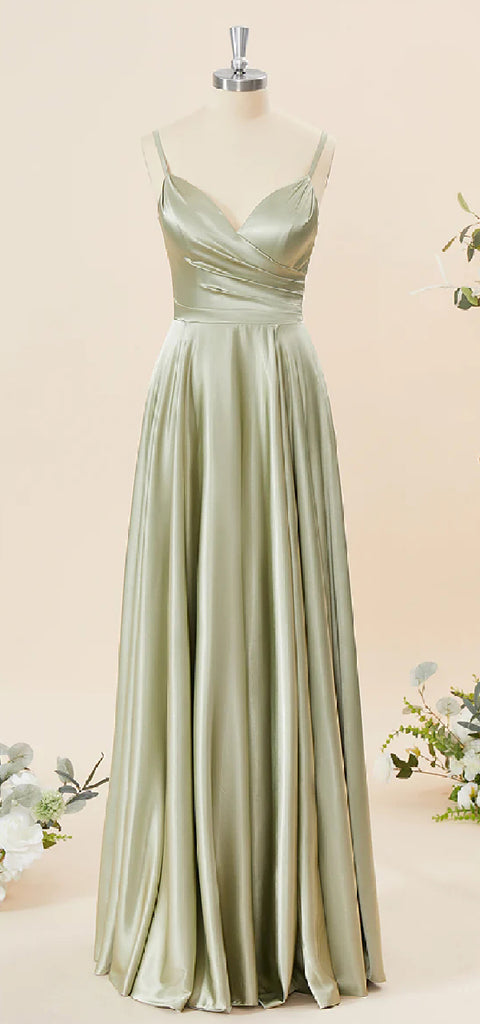 Elegant Spaghetti Straps V-neck A-line Satin Bridesmaid Dresses Online, BG590