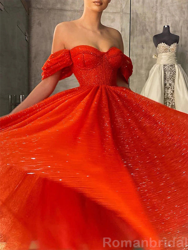 Elegant Off the Shoulder A-line Tulle Long Orange Evening Prom Dress Online, OL213