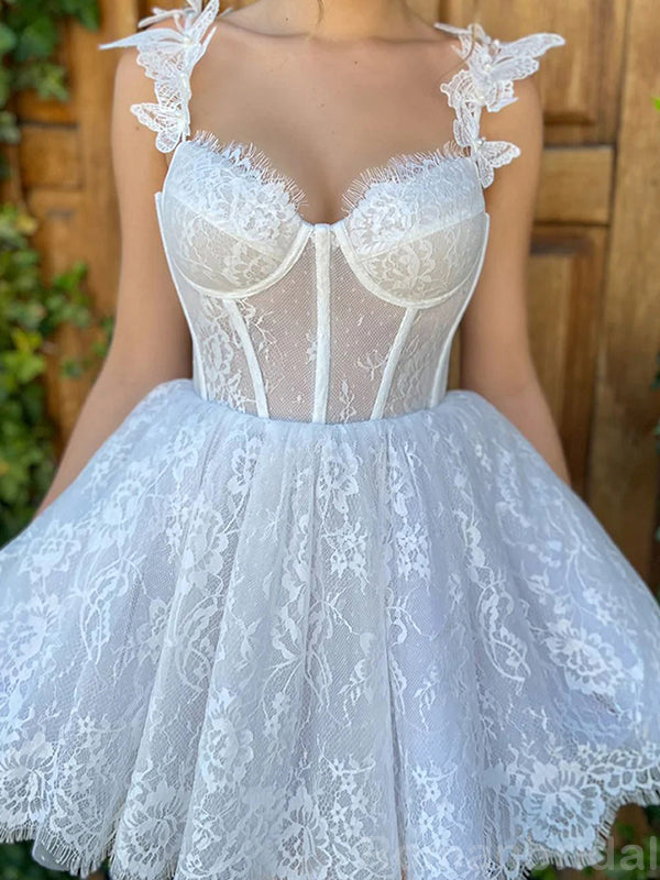 Elegant Spaghetti Straps A-line White Lace Short Homecoming Dresses Online, HD0647