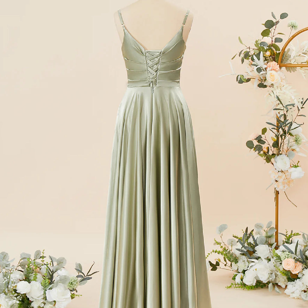 Elegant Spaghetti Straps V-neck A-line Satin Bridesmaid Dresses Online, BG590