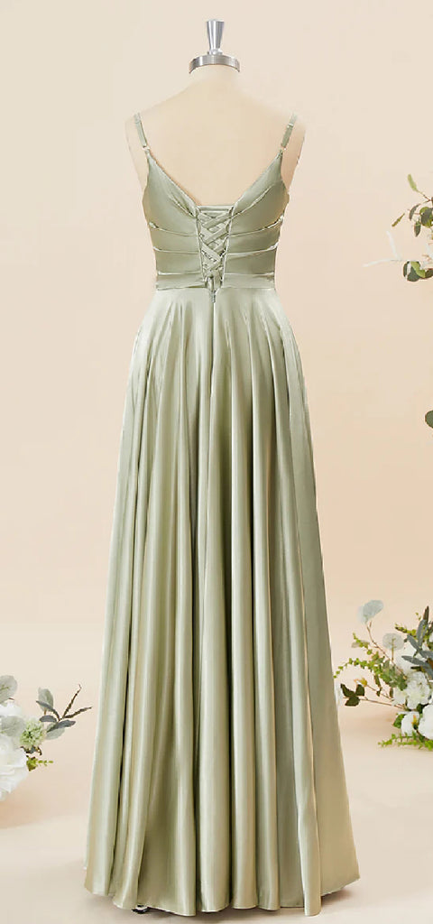 Elegant Spaghetti Straps V-neck A-line Satin Bridesmaid Dresses Online, BG590