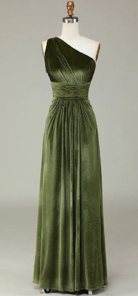 Simple One Shoulder A-line Dusty Sage Velvet Bridesmaid Dresses Online, BG591