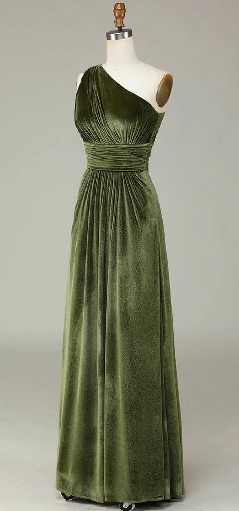 Simple One Shoulder A-line Dusty Sage Velvet Bridesmaid Dresses Online, BG591