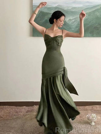 Elegant Spaghetti Straps Mermaid Dusty Sage Evening Prom Dress Online, OL156