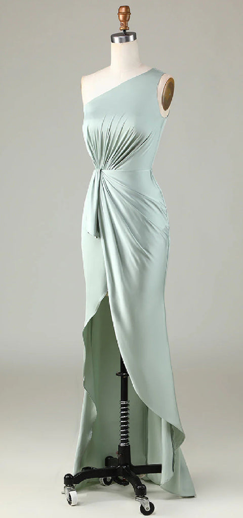 Simple One Shoulder A-line Sage Satin Side Slit Bridesmaid Dresses Online, BG592