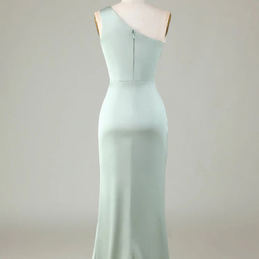Simple One Shoulder A-line Sage Satin Side Slit Bridesmaid Dresses Online, BG592