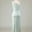 Simple One Shoulder A-line Sage Satin Side Slit Bridesmaid Dresses Online, BG592