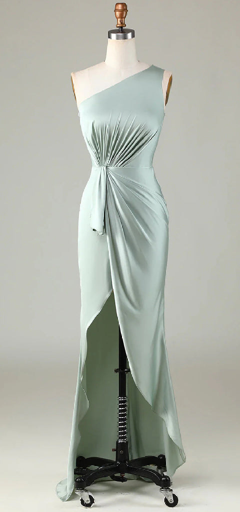 Simple One Shoulder A-line Sage Satin Side Slit Bridesmaid Dresses Online, BG592