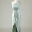 Simple One Shoulder A-line Sage Satin Side Slit Bridesmaid Dresses Online, BG592