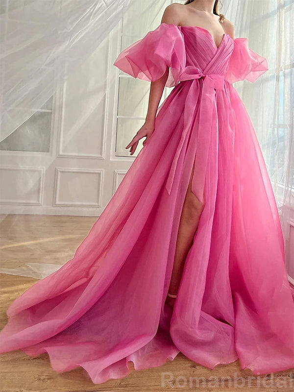 Gorgeous Fuchsia Off the Shoulder A-line Tulle Side Slit Long Evening Prom Dress Online, OL214