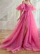 Gorgeous Fuchsia Off the Shoulder A-line Tulle Side Slit Long Evening Prom Dress Online, OL214
