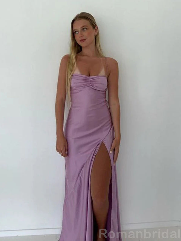 Simple Spaghetti Straps Mermaid Side Slit Lilac Long Evening Prom Dress Online, OL162