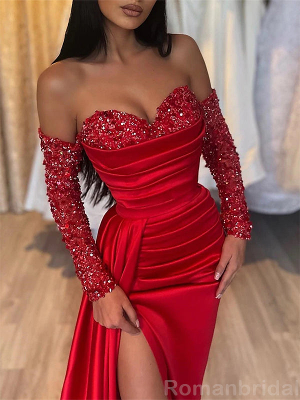 Sparkly Long Sleeves Sweetheart Mermaid Black Red Side Slit Evening Prom Dress Online, OL218