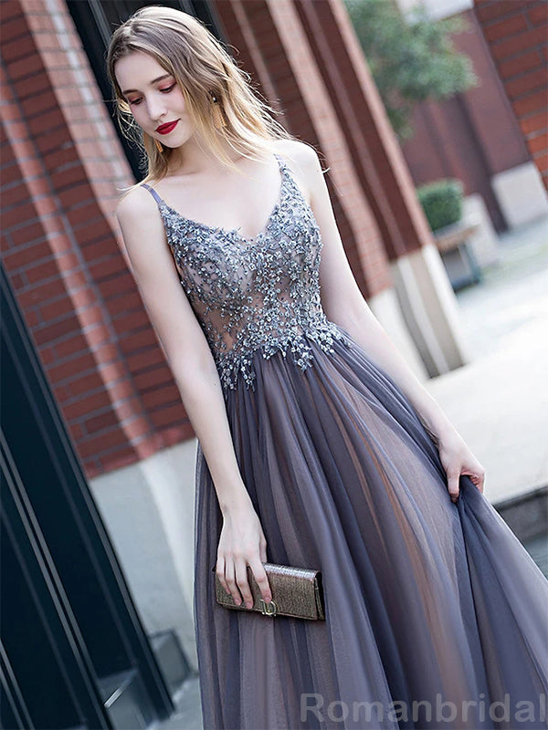 Elegant A-line Tulle V-neck Sleeveless Evening Prom Dress Online, OL219