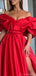 Elegant Off the Shoulder A-line Side Slit Red Satin Long Evening Prom Dress Online, OL222