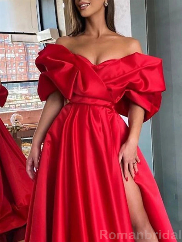 Elegant Off the Shoulder A-line Side Slit Red Satin Long Evening Prom Dress Online, OL222