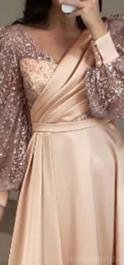 Elegant Long Sleeves V-neck Tea Length A-line Champagne Satin Long Evening Prom Dress Online, OL223