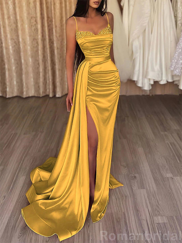 Elegant Spaghetti Straps Mermaid Side Slit Evening Prom Dress with Trailing, OL172
