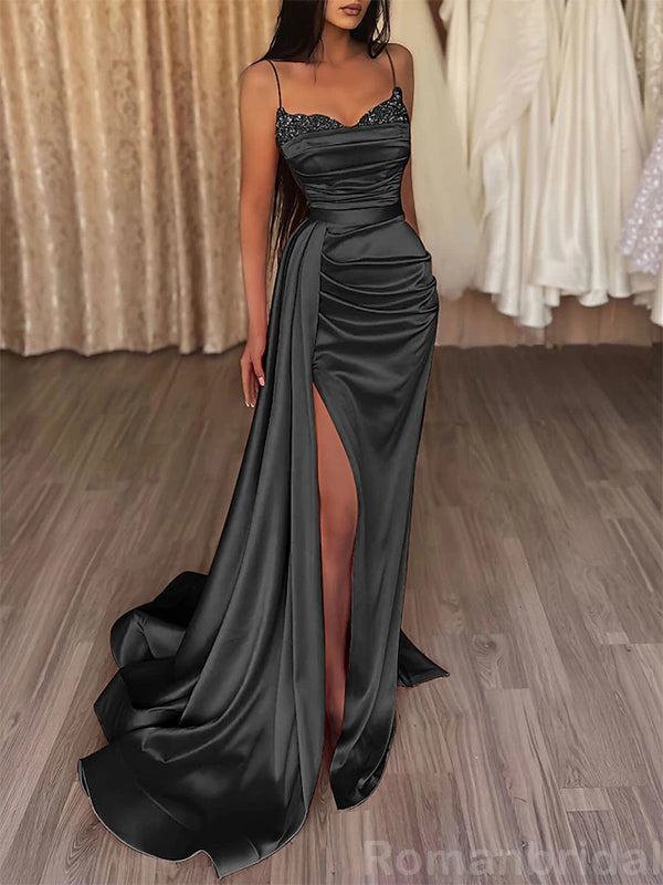 Elegant Spaghetti Straps Mermaid Side Slit Evening Prom Dress with Trailing, OL172