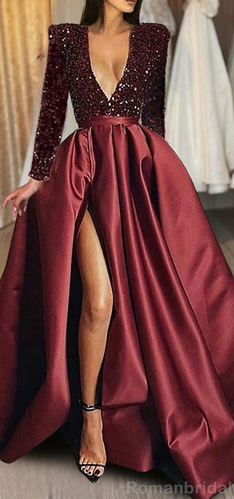 Sexy Long Sleeves Deep V-neck A-line Sequins Long Prom Dress Online, OL225