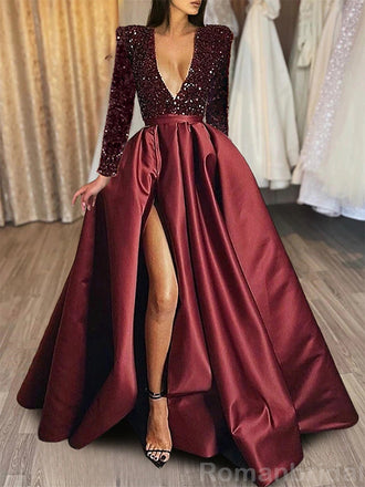 Sexy Long Sleeves Deep V-neck A-line Sequins Long Prom Dress Online, OL225