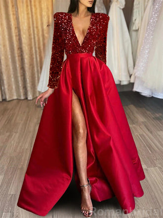 Sexy Long Sleeves Deep V-neck A-line Sequins Long Prom Dress Online, OL225