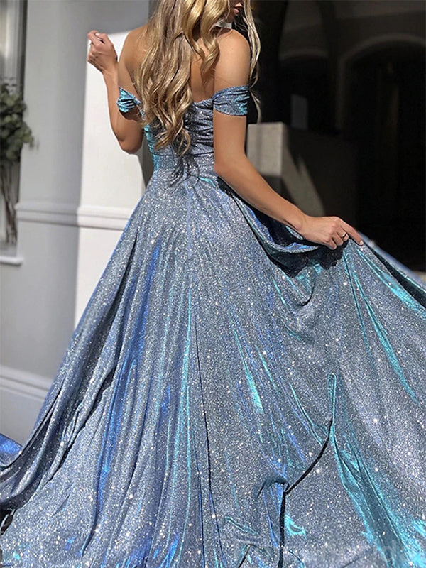Sparkly Off the Shoulder A-line Side Slit Long Prom Dress Online, OL226